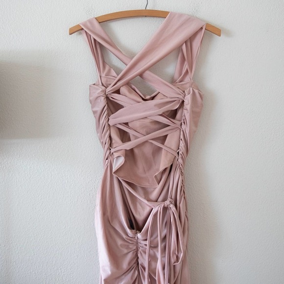 La Femme Off the Shoulder Satin Strappy Back Trumpet Gown in Mauve - Picture 3 of 5